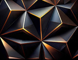 A dark, abstract wallpaper featuring a geometric pattern of overlapping triangles in shades of black and gold.