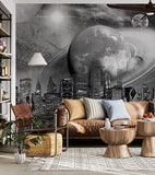 Czarno-biała tapeta na panoramę miasta Gwiazdy Noc z planetami Mural