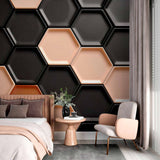 Czarno-złota tapeta ścienna z motywem sześciokąta 3D