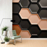 Czarno-złota tapeta ścienna z motywem sześciokąta 3D