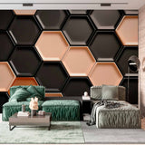 Czarno-złota tapeta ścienna z motywem sześciokąta 3D