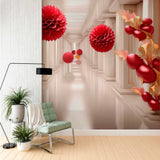 Królewski korytarz z czerwoną fototapetą z motywem kwiatowym