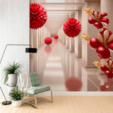 Tapeta 3D w czerwone kwiaty i kule