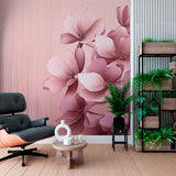 Pink Floral Wallpaper Mural - Elegant Blossom and Line Pattern