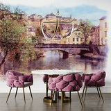 Watercolor Old City Painting of a Stone Bridge Over a River Wallpaper Mural