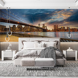 Fototapeta o zachodzie słońca w mieście Niebiesko-fioletowa nowoczesna tapeta z pejzażem miejskim