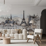 Watercolor Paris Cityscape with Eiffel Tower Wallpaper Handpainted Mural