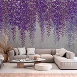 Elegant Purple Wisteria Wall Mural Wallpaper with Concrete Texture