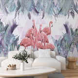Pink Flamingo Tropical Plants Wall Mural Palm Tree Leaf Geometrical Wallpaper