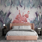 Pink Flamingo Tropical Plants Wall Mural Palm Tree Leaf Geometrical Wallpaper
