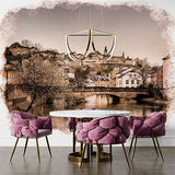 Fototapeta vintage europejska wioska - malownicze nad rzeką i historyczne miasto na wzgórzu