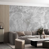 Abstract Leaf Outline Wallpaper - Contemporary Botanical Wall Covering - Gray Monochrome Design