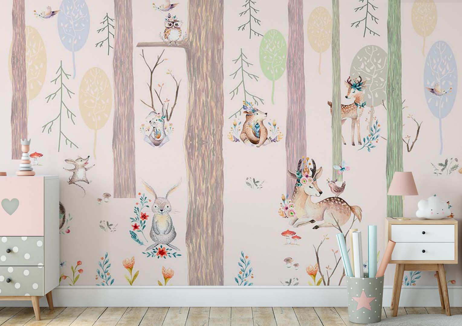 Custom Kids Wall Mural Woodland Animals Trees Scandinavian Nursery Wal ...