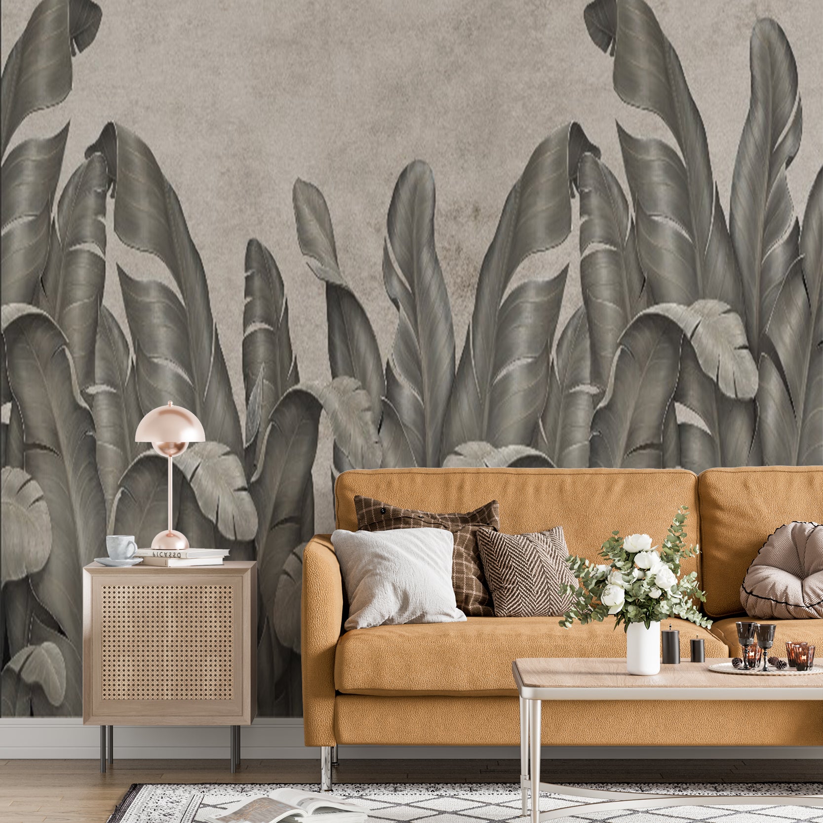 wallpaper featuring a row of large, stylized banana leaves in shades of gray against a textured background.