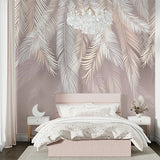 A minimalist wallpaper featuring delicate palm leaves in shades of white and beige against a soft beige background.