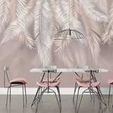 A minimalist wallpaper featuring delicate palm leaves in shades of white and beige against a soft beige background.