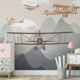 Kids Wall Murals Vintage Airplanes and Mountains Wallpaper for Kids
