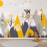 Kids Wall Murals Yellow and Black Vintage Airplanes Mountains Wallpaper for Kids