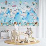 Kids Wall Murals Watercolor Mountains Airplane Ballon Wallpaper for Kids