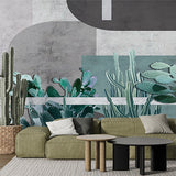 Contemporary Geometric Cactus Wall Mural Wallpaper with Concrete Texture