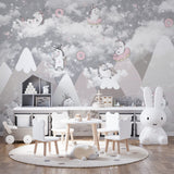 Fototapety dla dzieci Śliczne pączki z jednorożcem Pochmurne góry Tapeta dla dzieci