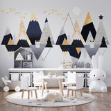 Kids Wall Murals Scandinavian Grey Mountains Geometric Gold Pine Tree Wallpaper for Kids