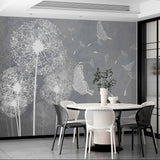 Modern Gray Dandelion Wall Mural Wallpaper with Delicate Butterflies