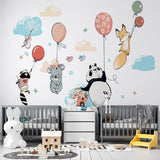 Kids Wall Mural Hot Air Balloons Cartoon Animals Minimal Design Nursery Wallpaper