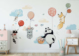Kids Wall Mural Hot Air Balloons Cartoon Animals Minimal Design Nursery Wallpaper