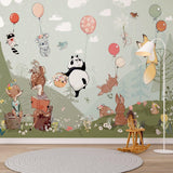 Kids Wall Mural Hot Air Balloons Cartoon Animals Fairy Forest Meadow Nursery Wallpaper