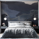 Abstrakcyjna tapeta z falami oceanu ze złotą grafiką liniową na ciemnym tle