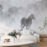 Mgliste konie Mural Stara tapeta ze zwierzętami o teksturze betonu cementowego