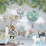 Custom Kids Wall Mural Tropical Leaves Funny Animals Hot Air Balloons Wallpaper for Kids