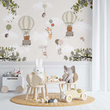 Kids Wall Mural Hot Air Balloons Maple Leaves Cute Animals Wallpaper for Kids