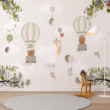 Kids Wall Mural Hot Air Balloons Maple Leaves Cute Animals Wallpaper for Kids