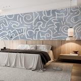 Abstrakcyjna biała grafika liniowa na niebieskim tle z teksturą - nowoczesna tapeta ścienna