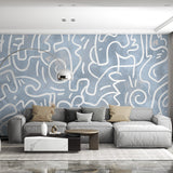 Abstrakcyjna biała grafika liniowa na niebieskim tle z teksturą - nowoczesna tapeta ścienna