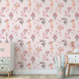 Kids Wall Mural Pink Flamingo Cats on Pointe Shoes Rabbit Ballet Theme Nursery Wallpaper