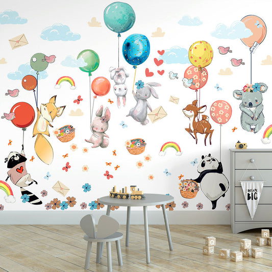 Hot air balloon wall decals with fox, bunnies, panda and koala for a kids room