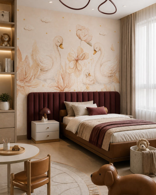 Swans and lotus watercolor wallpaper in a girls bedroom.