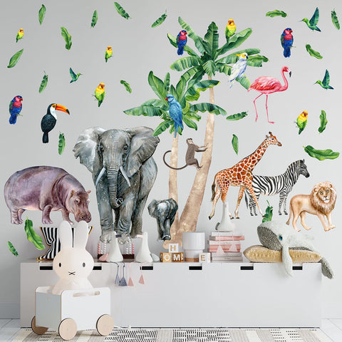 A vibrant jungle scene with colorful animals and tropical plants