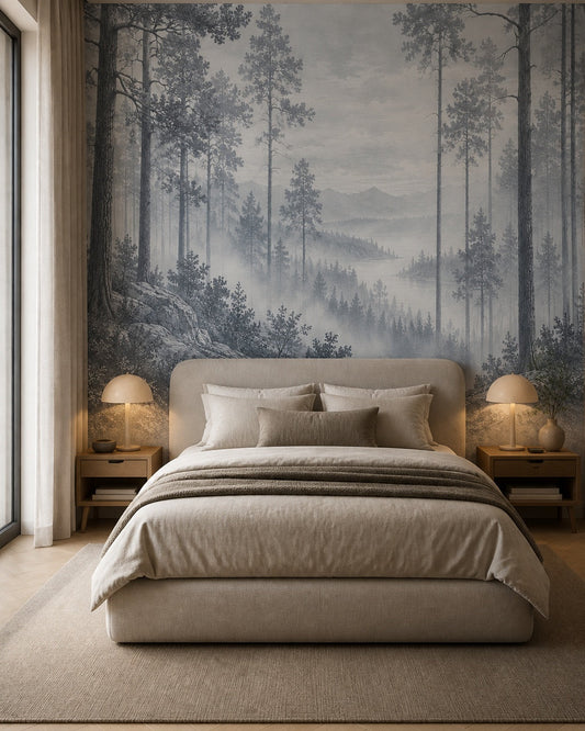 Blue misty pine forest wall mural in a calm bedroom