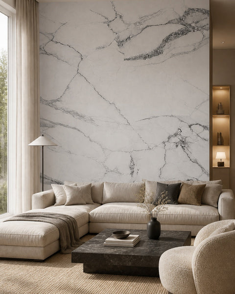 White Carrara marble wallpaper in a modern living room.