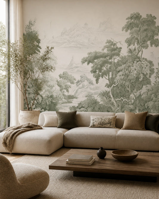 Sage toile jungle wallpaper in a modern living room.