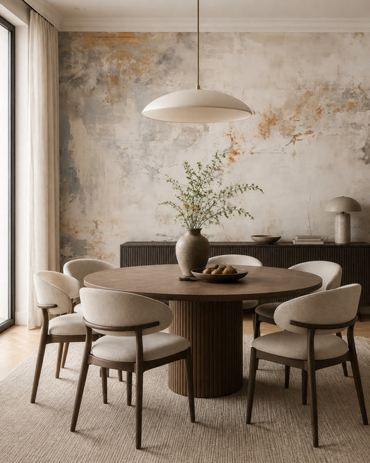 Distressed plaster texture wallpaper in a dining room with a round table.