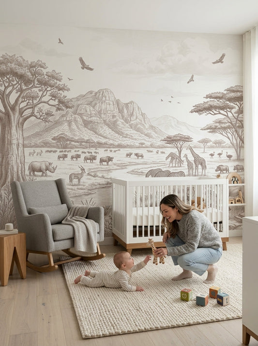 Sepia savanna wall mural with baobab, mountains and lions