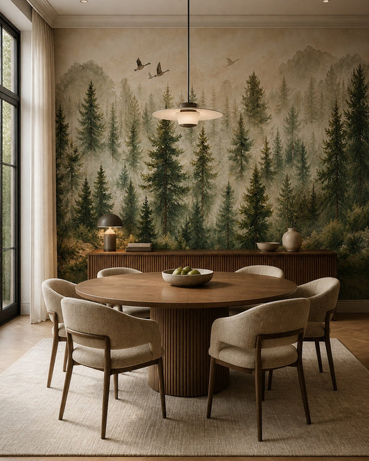 Green pine forest wallpaper in a dining room with a round table.