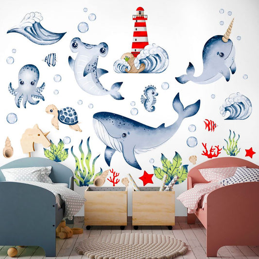 Ocean life wall decals with whale, narwhal, octopus and lighthouse