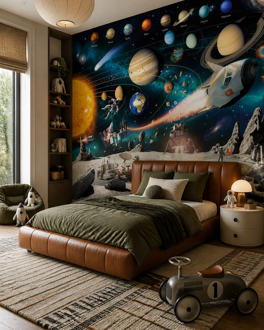 Space adventure kids wallpaper in a boys bedroom.