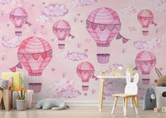 Custom Kids Wall Murals Hot Air Balloon Pink Wall Murals Whimsical Sky Scenes